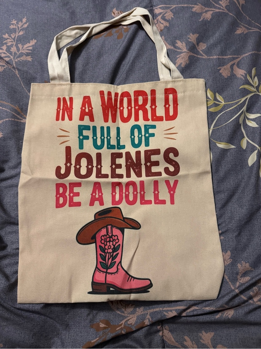 Cream Canvas Tote Bag with Pink Cowboy Boot Graphic